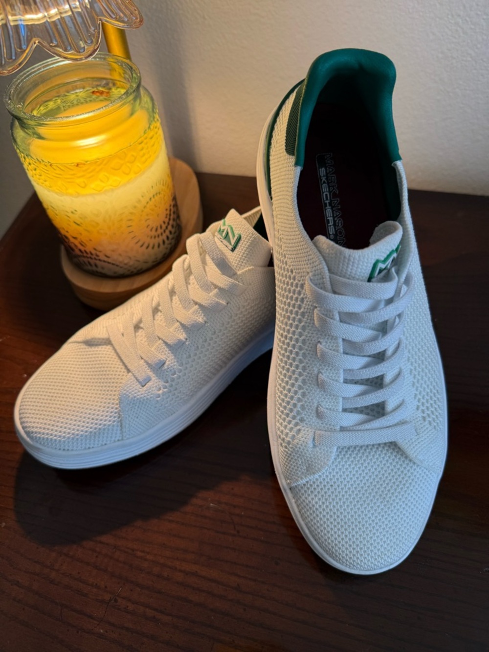 Skechers Mark Nason White Knit Sneakers with Green Lining and Logo Women’s Sz 8